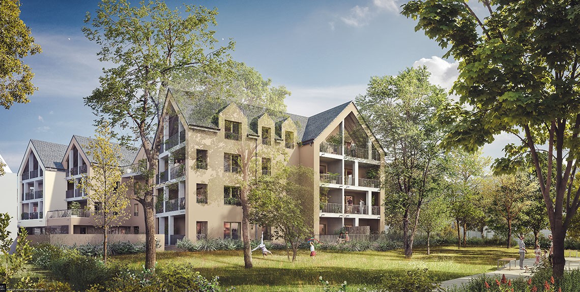 Perspective du programme immobilier neuf Jardin Secret à L'Hermitage : résidence en cœur de bourg et espaces plantés