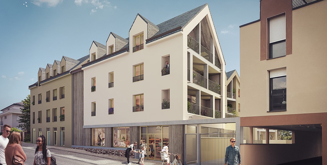Perspective du programme immobilier neuf Jardin Secret à L'Hermitage : façades en pignons, loggias et bardage bois
