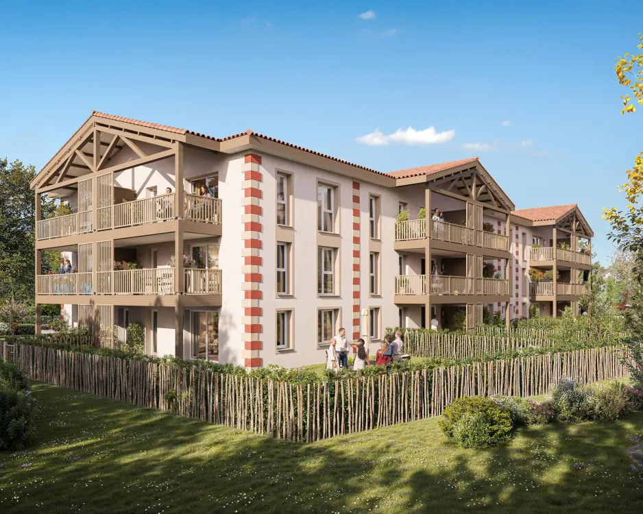 Perspective du programme immobilier neuf Les Jardins de Tudela à Saint-Pierre-du-Mont : résidence entourée d'espaces plantés