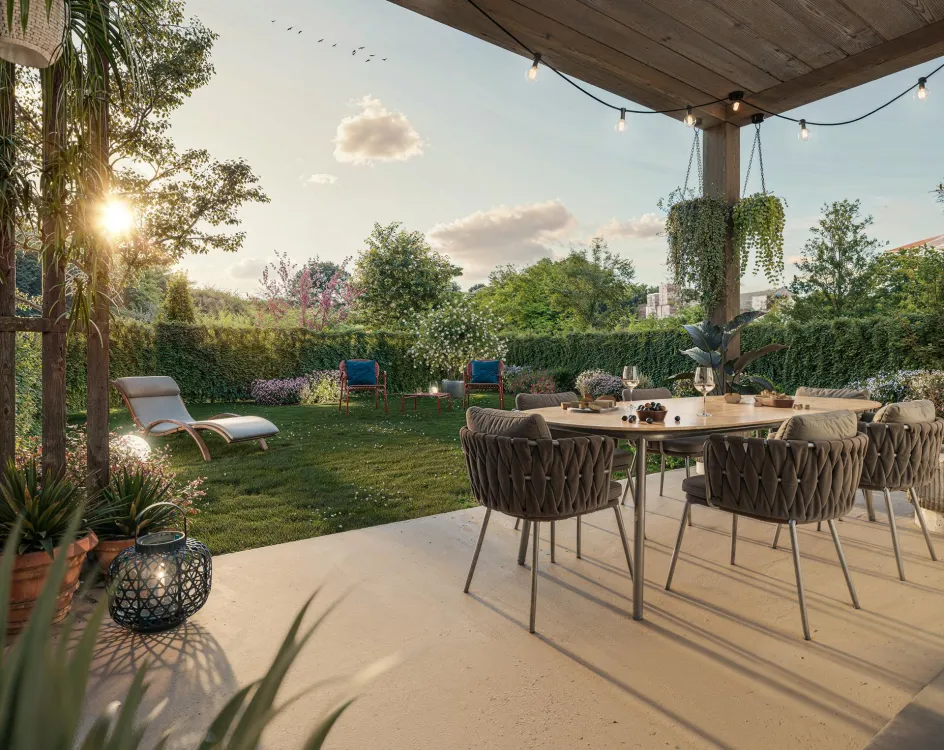 Vue du programme immobilier neuf Les Jardins de Tudela à Saint-Pierre-du-Mont : façades claires et jardins