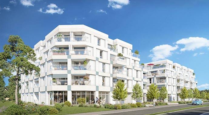 Perspective du programme immobilier neuf Les Jardins de l'Hippodrome à Deauville : architecture normande contemporaine