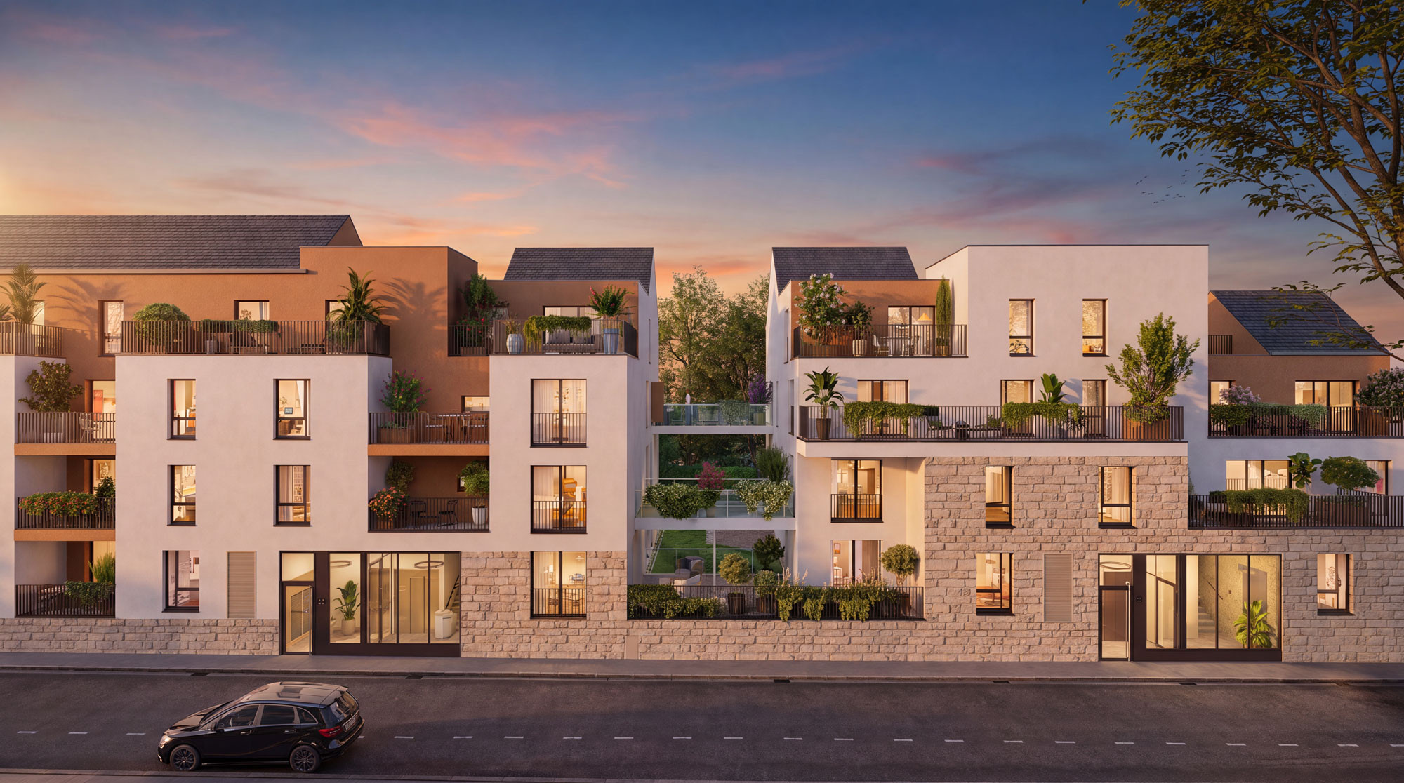 Perspective du programme immobilier neuf Le 21 à Vannes : façade contemporaine et balcons