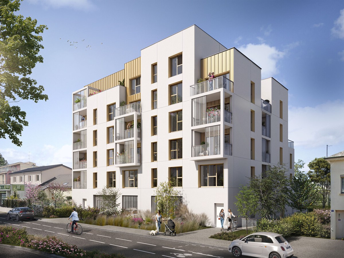 Perspective du programme immobilier neuf Le Georges à Rennes : petit immeuble blanc à balcons, angle de rue résidentielle