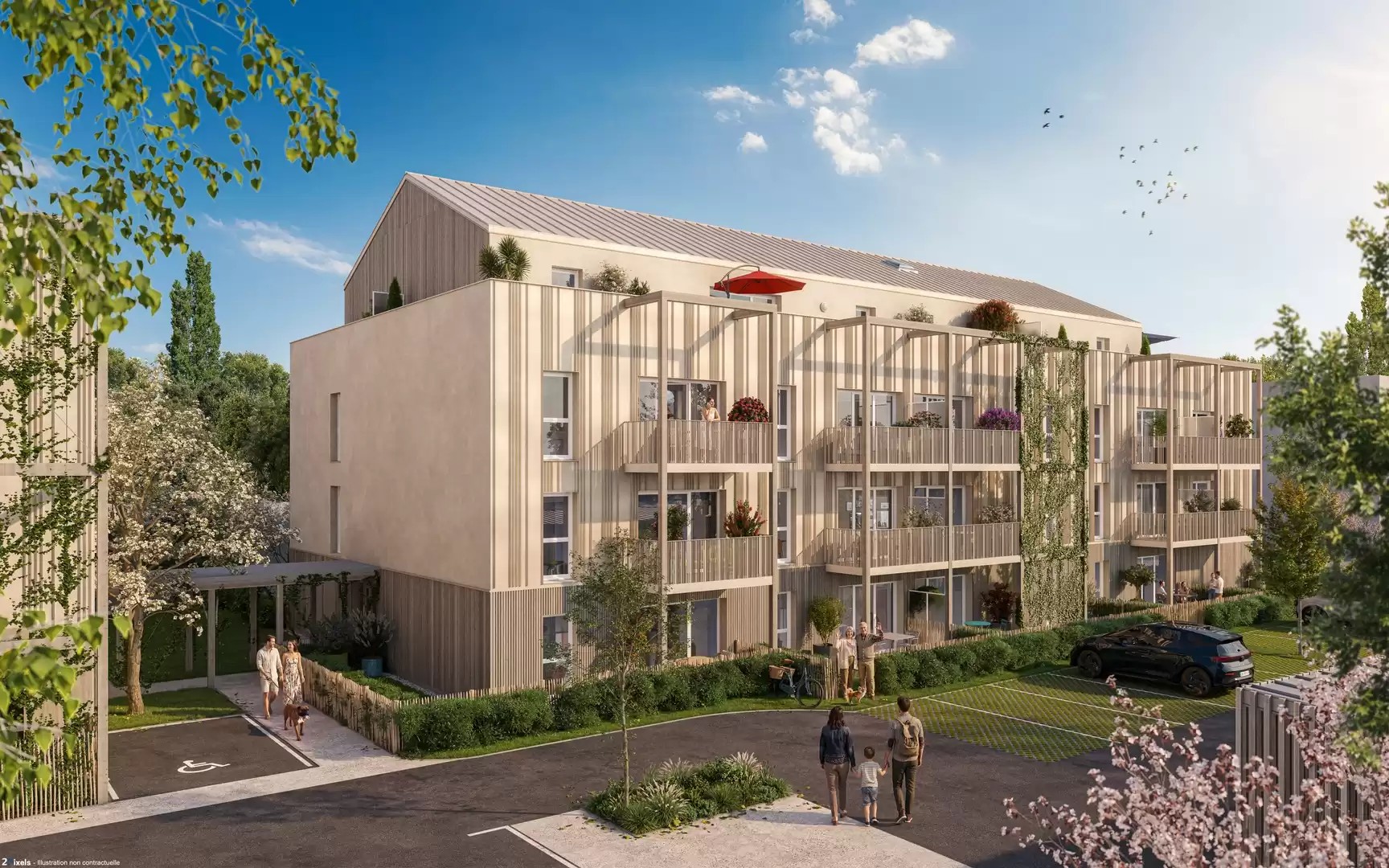 Perspective du programme immobilier neuf Manufacture au Petit-Quevilly, près de Rouen : résidence claire à balcons autour d'un jardin en cœur d'îlot