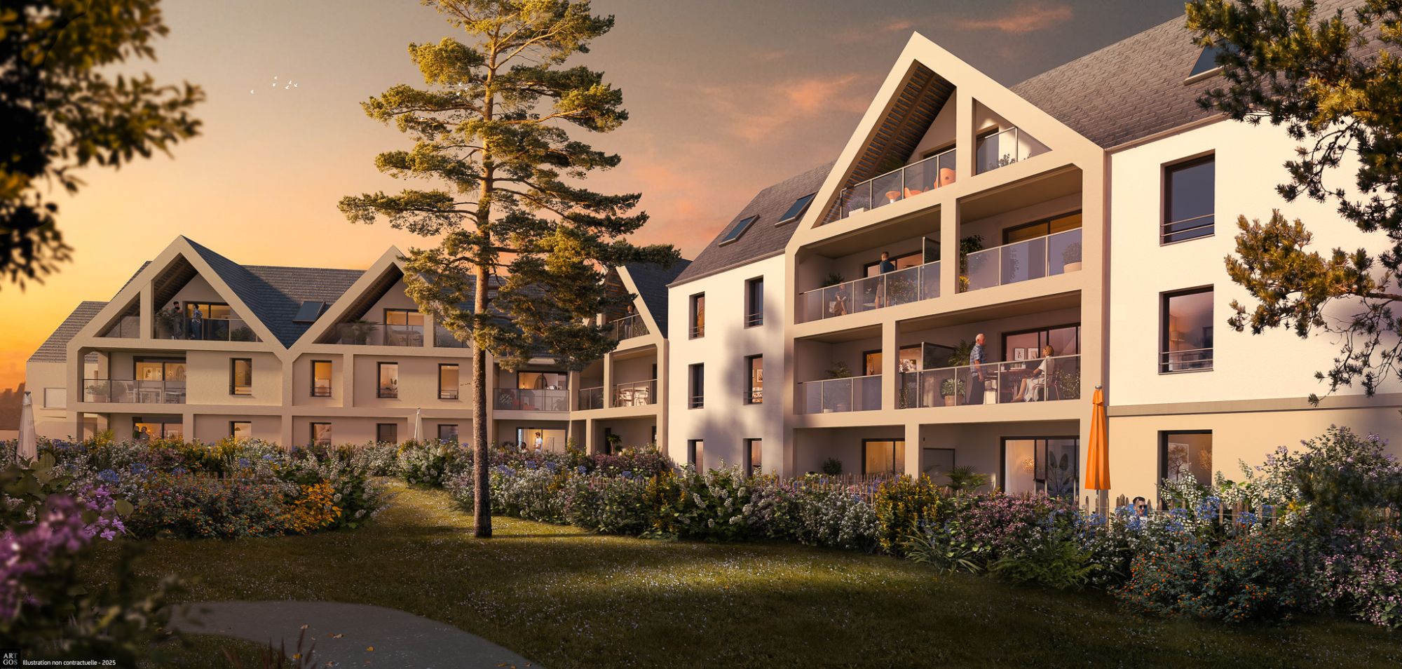 Perspective du programme immobilier neuf Mer Eden à Perros-Guirec : résidence claire aux accents balnéaires