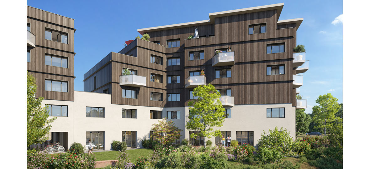 Perspective du programme immobilier neuf My Campus Rennes Ker Lann à Bruz : résidence claire dans un cadre planté