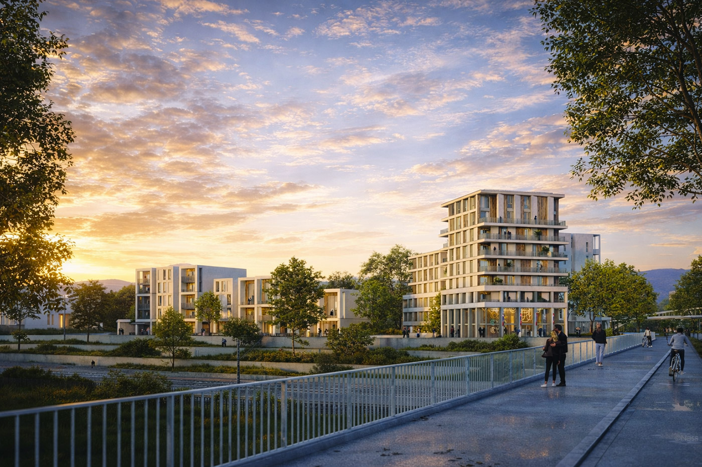 Perspective du programme immobilier neuf Nouvelle Rive à Rouen : résidence contemporaine claire le long d'une promenade plantée au bord de Seine