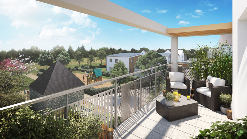 Vue officielle complémentaire du programme L'Orangerie à Beaussais-sur-Mer : balcon et résidence