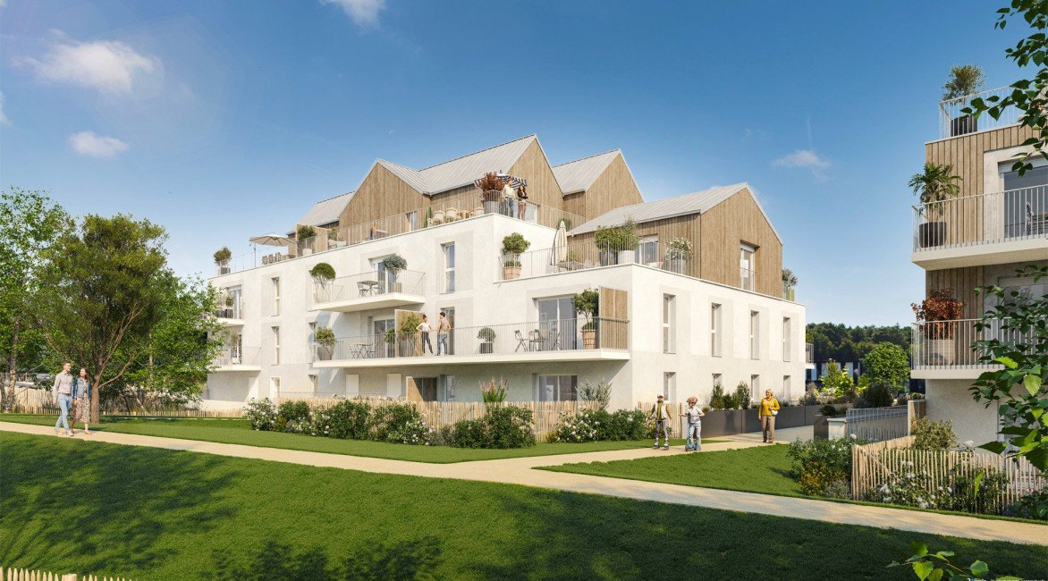 Perspective du programme immobilier neuf L'Orée de Kerozer à Saint-Avé : résidence claire en lisière d'espaces boisés