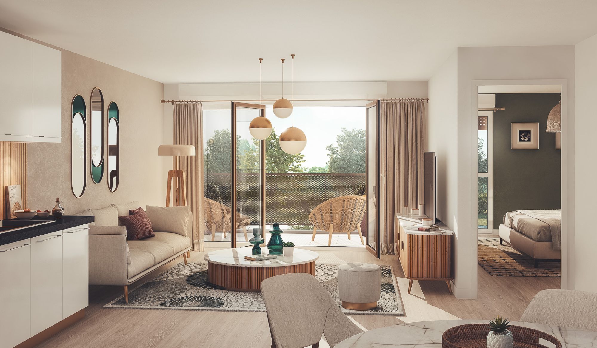 Perspective du programme immobilier neuf Pastel à Noyal-Châtillon-sur-Seiche : résidence basse en enduit clair et bois