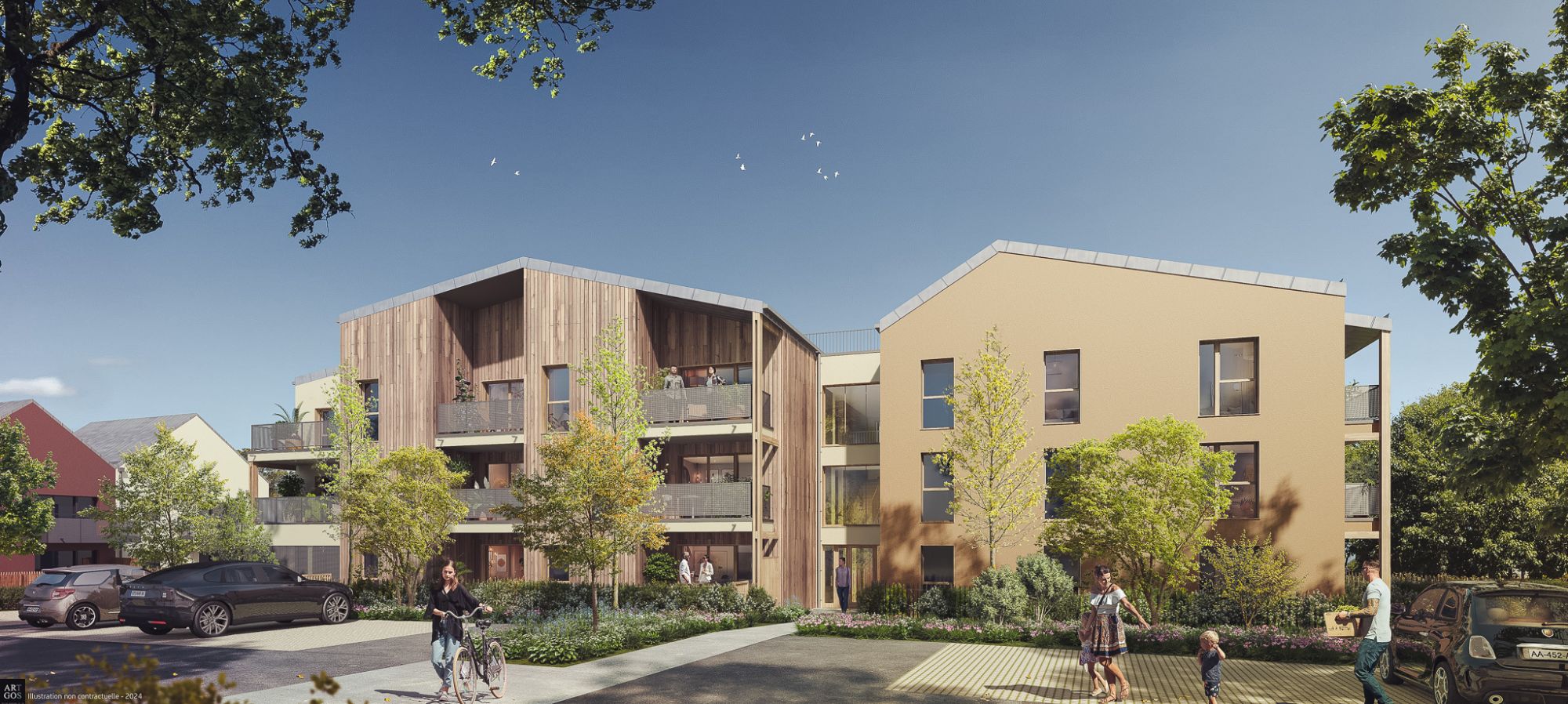 Perspective du programme immobilier neuf Pastel à Noyal-Châtillon-sur-Seiche : façades claires et jardins privatifs