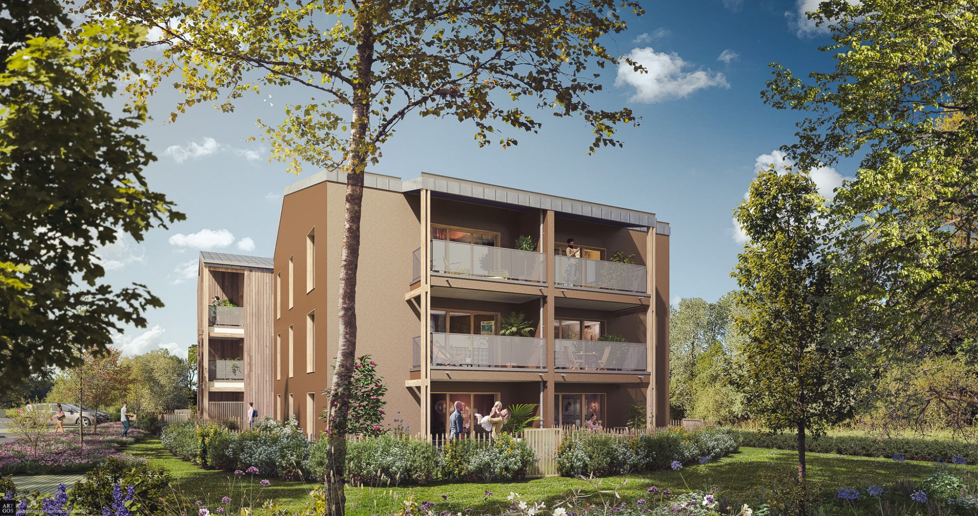 Perspective du programme immobilier neuf Pastel à Noyal-Châtillon-sur-Seiche : jardins privatifs et espaces paysagers