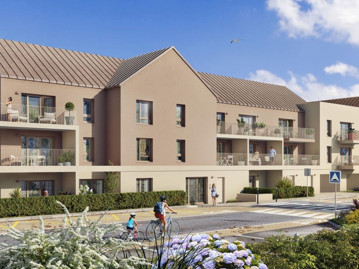 Perspective du programme immobilier neuf Récif à Pléneuf-Val-André : petit immeuble contemporain à balcons proche du bourg