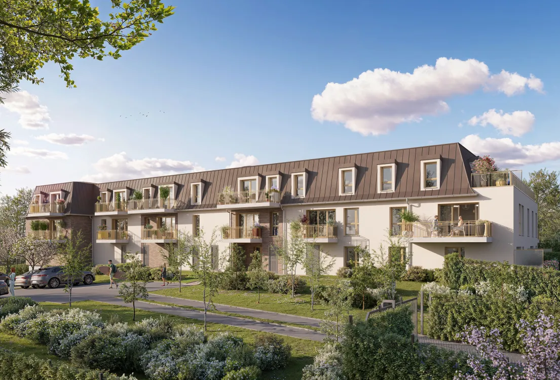 Perspective du programme immobilier neuf Résidence des Pins à Villers-sur-Mer : façades claires et balcons