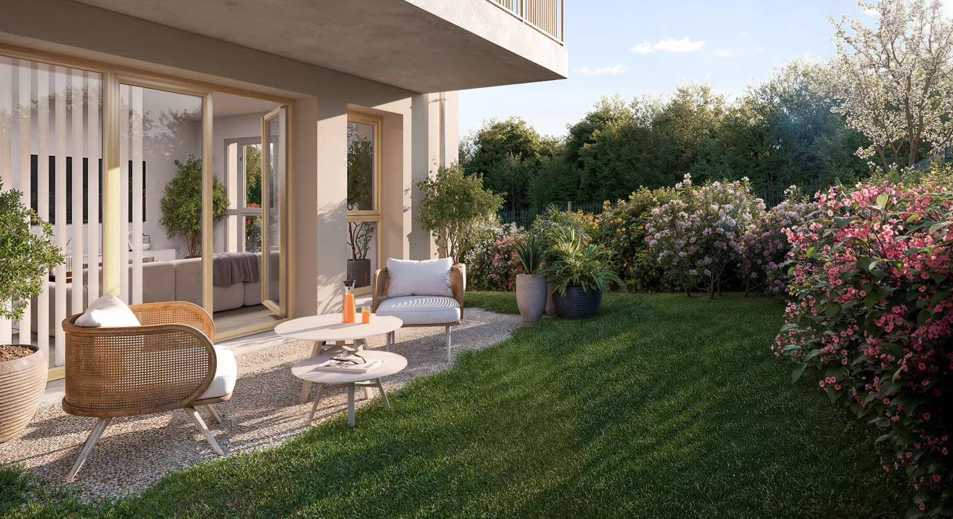 Vue du programme immobilier neuf Résidence des Pins à Villers-sur-Mer : jardins plantés et terrasses