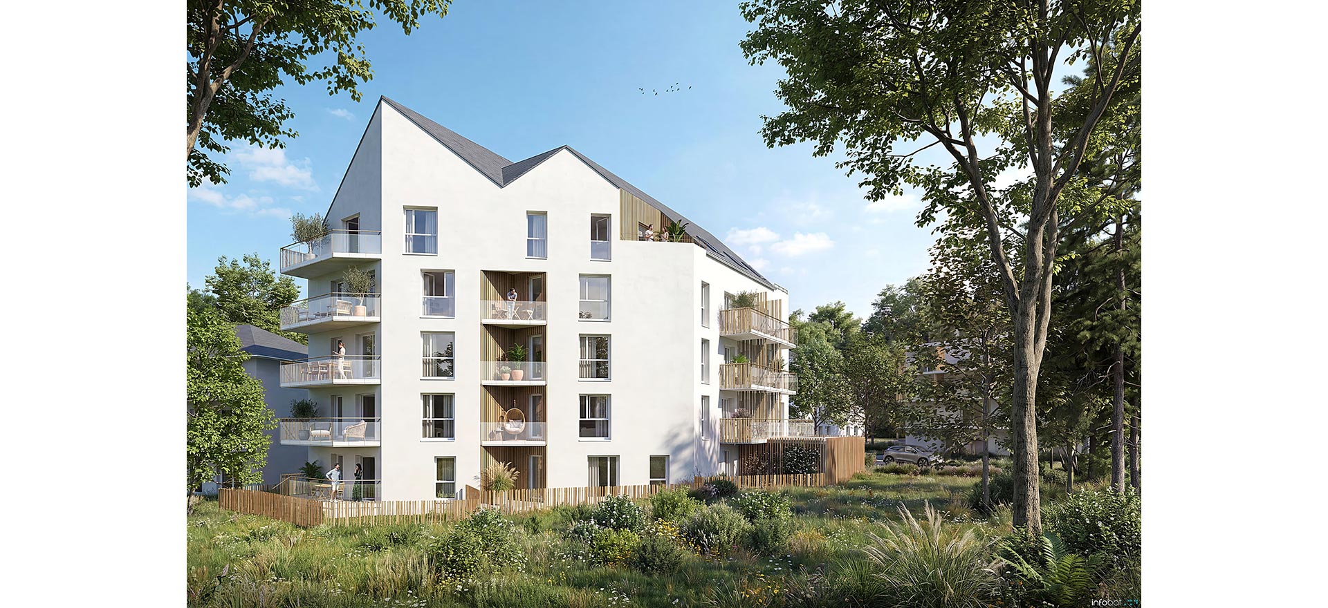 Perspective du programme immobilier neuf Rivage Nature à Vannes : résidence végétalisée et balcons