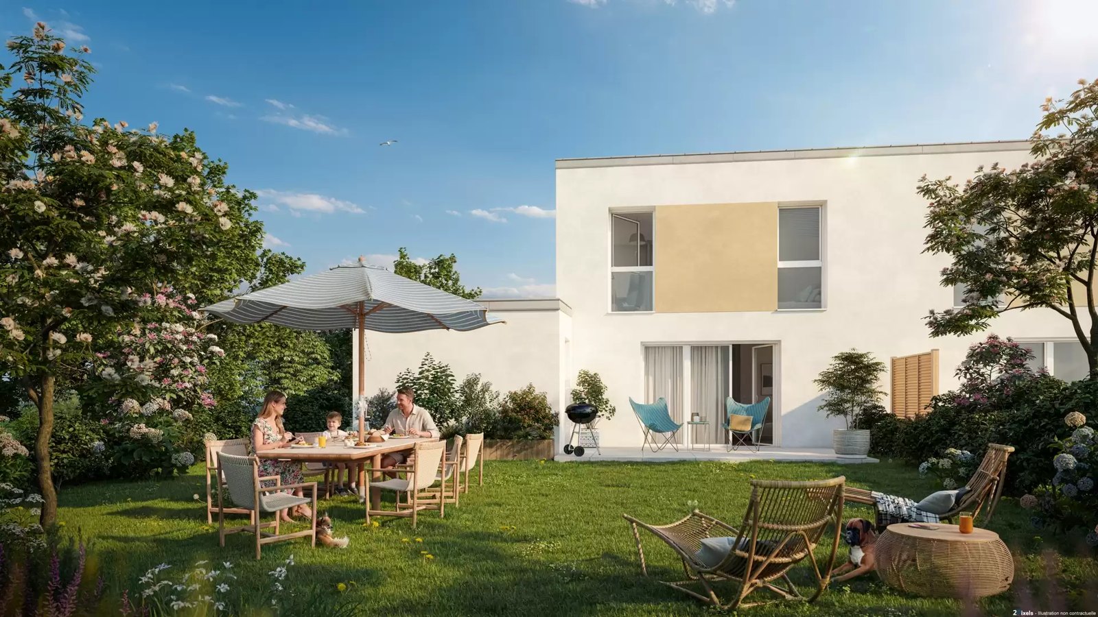 Perspective du programme immobilier neuf Riviera à Pluneret : maisons contemporaines et jardins privatifs