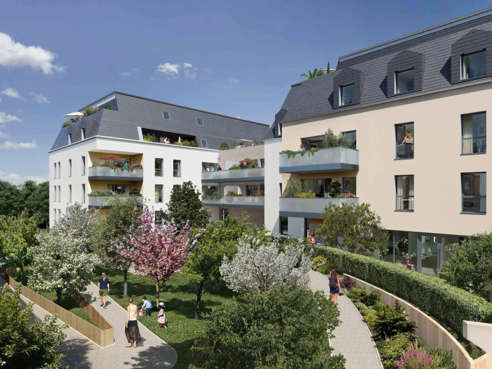 Perspective du programme immobilier neuf Sea'Side à Touques : résidence contemporaine aux teintes claires