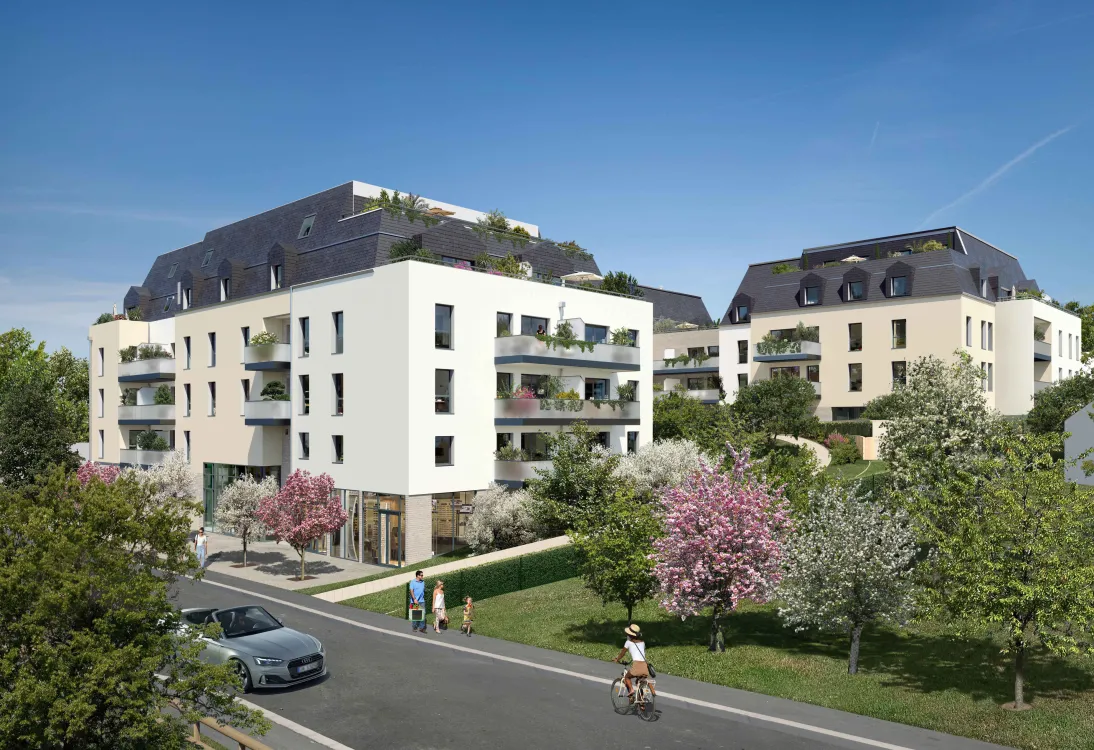 Vue du programme immobilier neuf Sea'Side à Touques : balcons et façades lumineuses