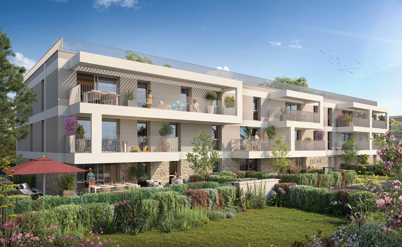 Perspective du programme immobilier neuf Sillage à Larmor-Plage : résidence claire aux larges balcons