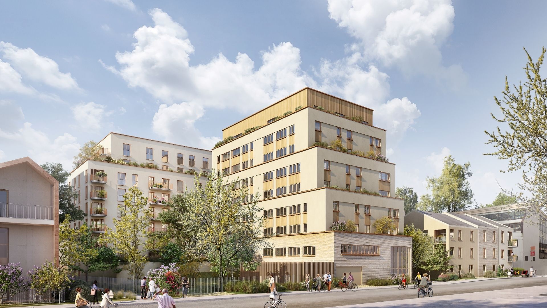 Perspective du programme immobilier neuf Stud'Garden à Rouen : résidence contemporaine claire avec jardin intérieur paysager