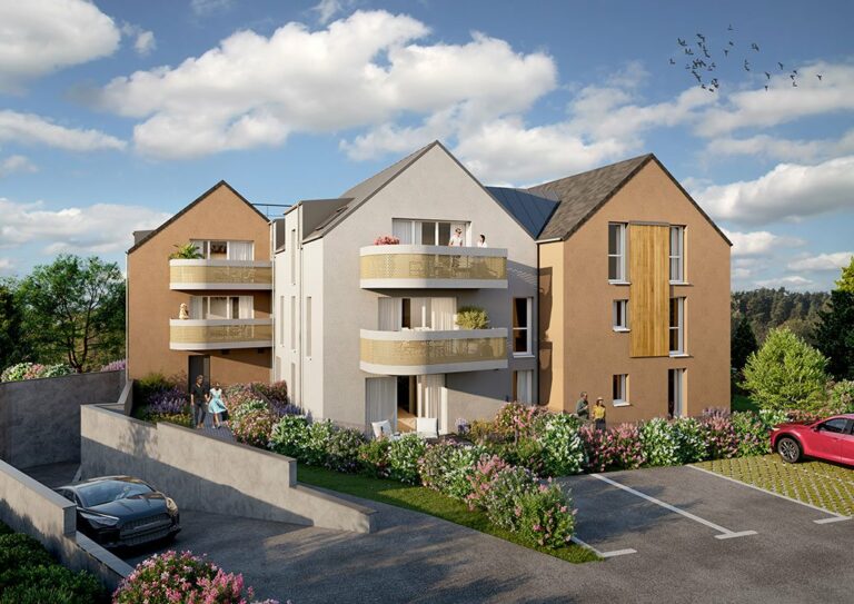 Perspective du programme immobilier neuf Ytem à Saint-Erblon : résidence claire de trois niveaux et espaces plantés