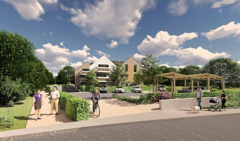 Perspective du programme immobilier neuf Ytem à Saint-Erblon : vue depuis la rue et jardins en rez-de-chaussée