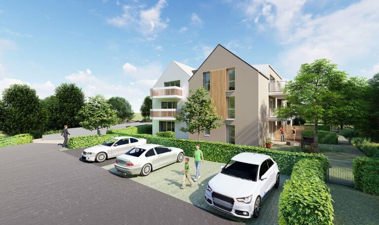 Perspective du programme immobilier neuf Ytem à Saint-Erblon : façade sud-ouest et espaces extérieurs privatifs