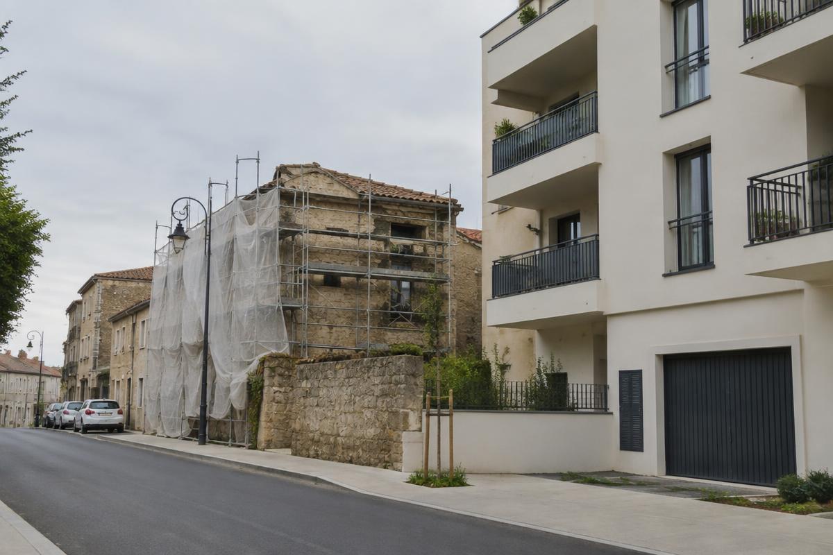 Rue où voisinent une maison ancienne en rénovation et un immeuble neuf