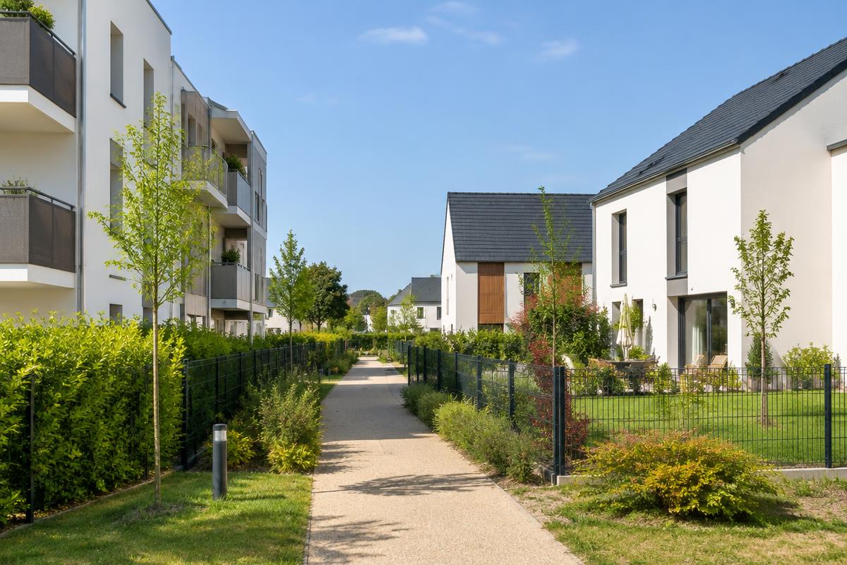 Quartier neuf mêlant petit collectif et maisons individuelles avec jardins
