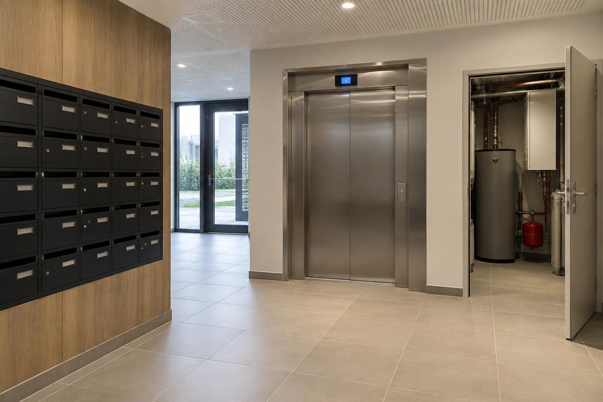 Hall d'entrée et local technique soignés d'une résidence neuve