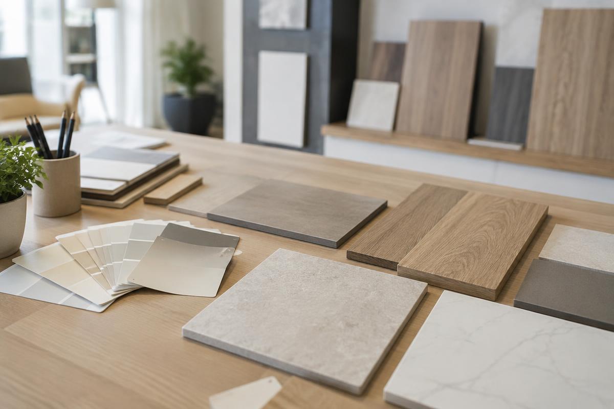 Échantillons de carrelage, parquet et peinture dans un showroom