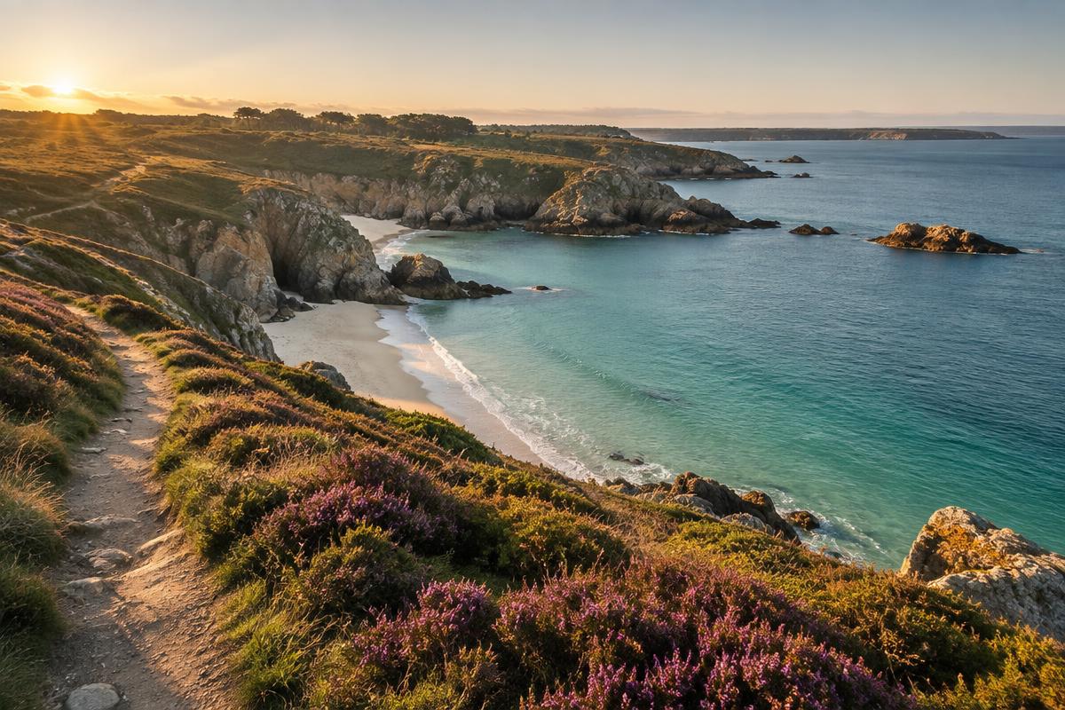 Falaises et criques de la Côte d'Émeraude au coucher du soleil
