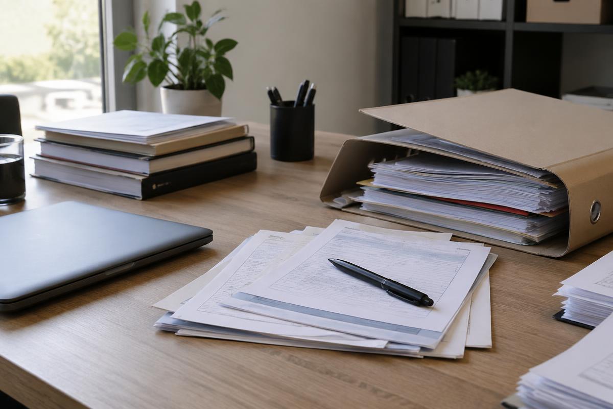 Dossier de prêt et justificatifs classés sur un bureau