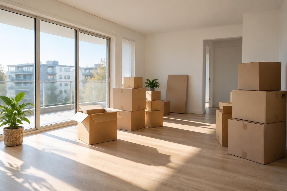 Cartons de déménagement dans le séjour d'un appartement neuf