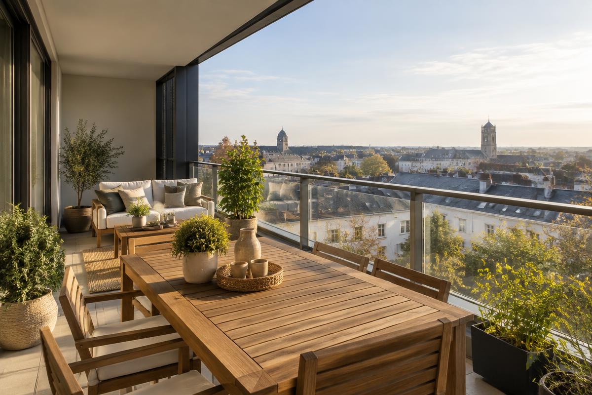 Grande terrasse d'appartement neuf meublée avec vue sur les toits