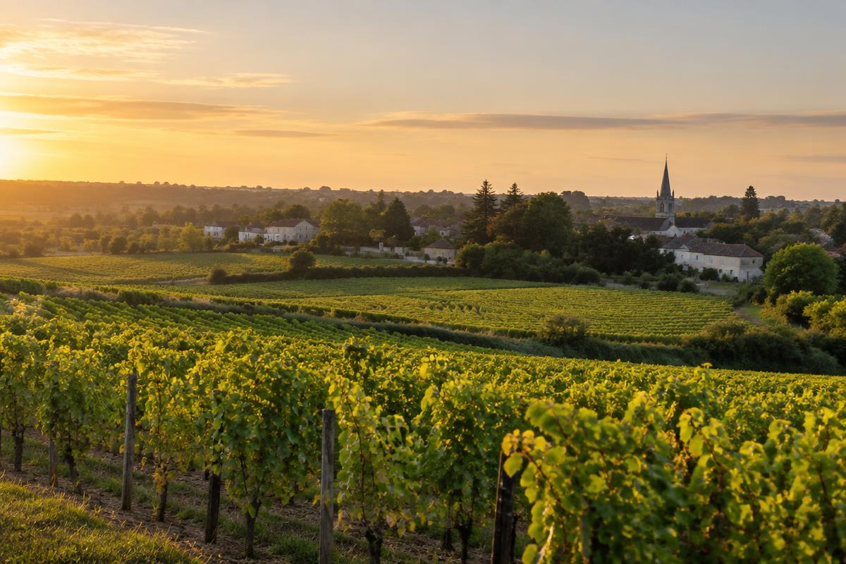 Coteaux de vignes et village de Loire-Atlantique en fin de journée