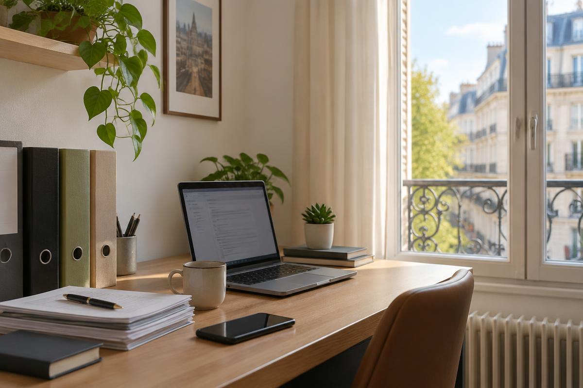 Bureau d'un travailleur indépendant préparant son dossier à domicile