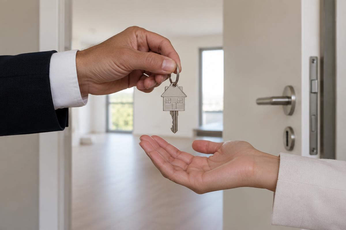Remise des clés d'un appartement neuf devant la porte d'entrée
