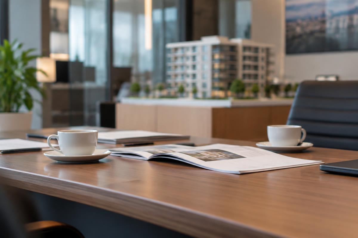 Table de rendez-vous de financement avec maquette d'immeuble en arrière-plan
