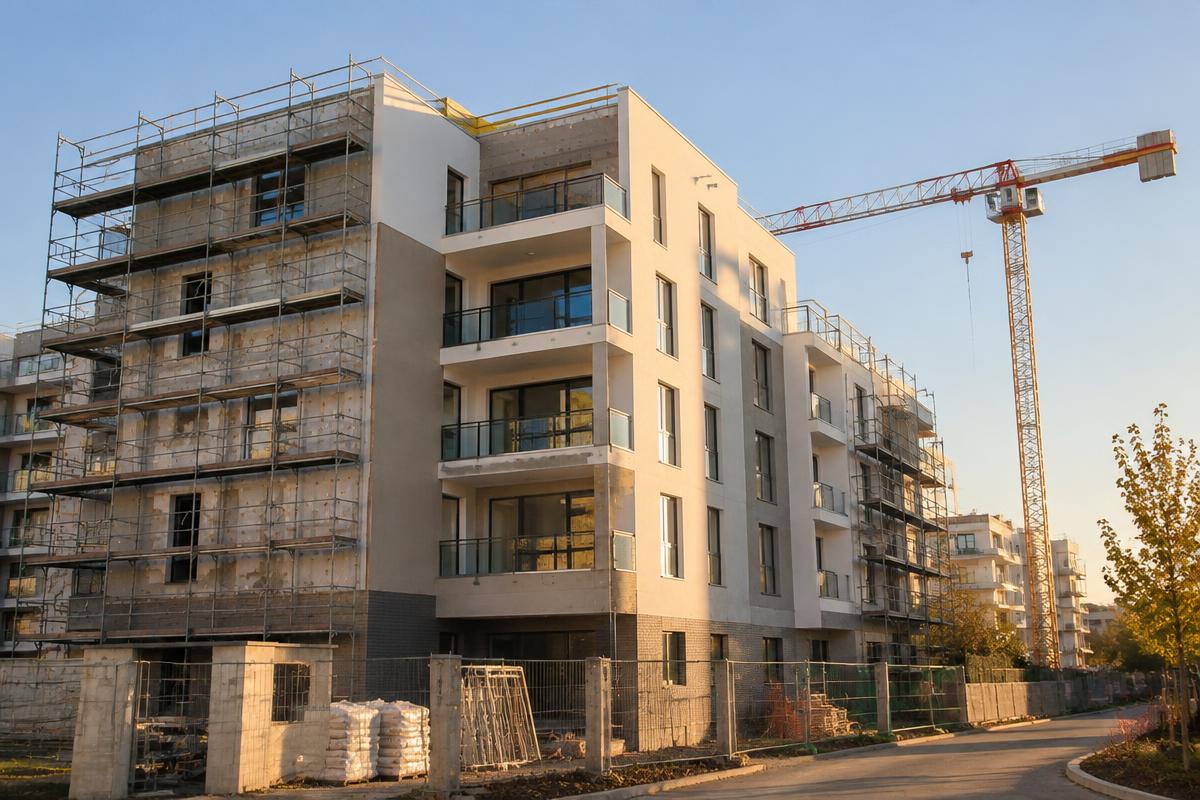 Immeuble neuf en cours de finition, échafaudages et grue de chantier