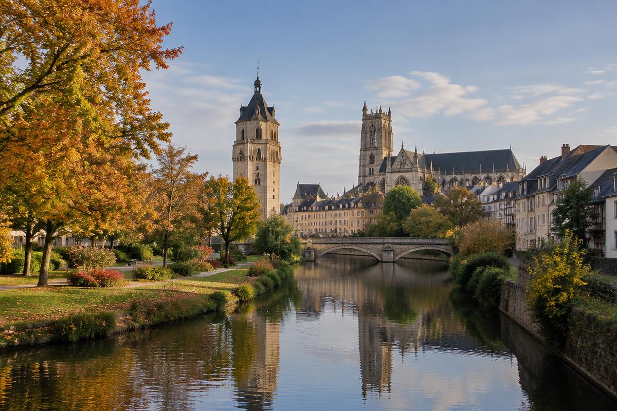 Centre d'Évreux au bord de l'Iton avec beffroi et cathédrale