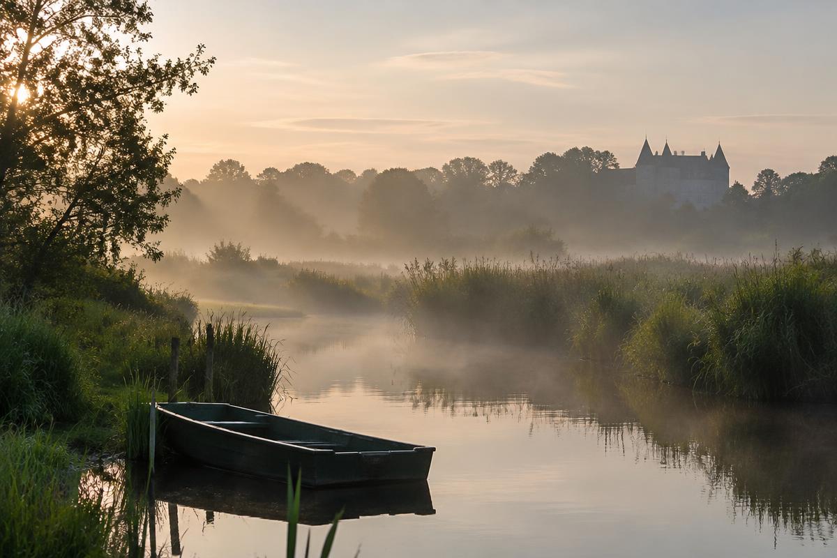 Marais de Goulaine dans la brume matinale avec château à l'horizon
