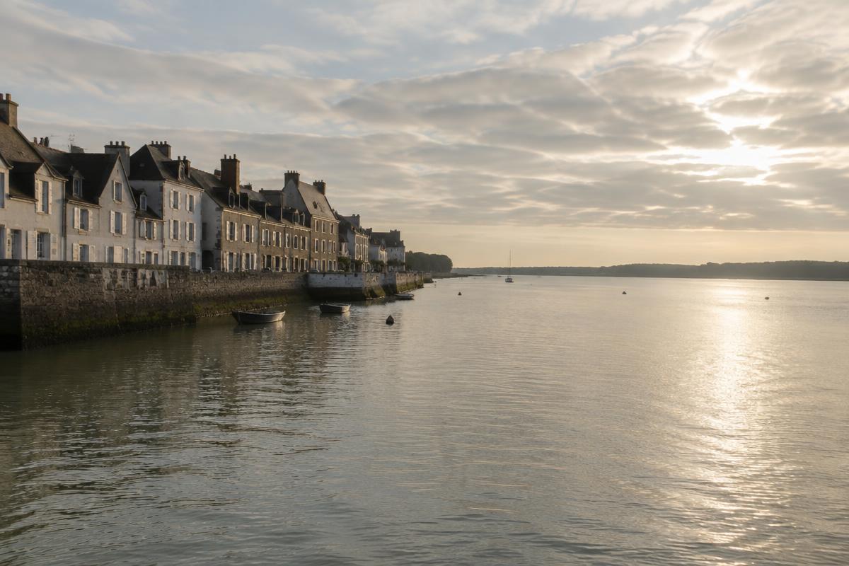 Quai d'une petite ville de l'estuaire de la Loire au petit matin