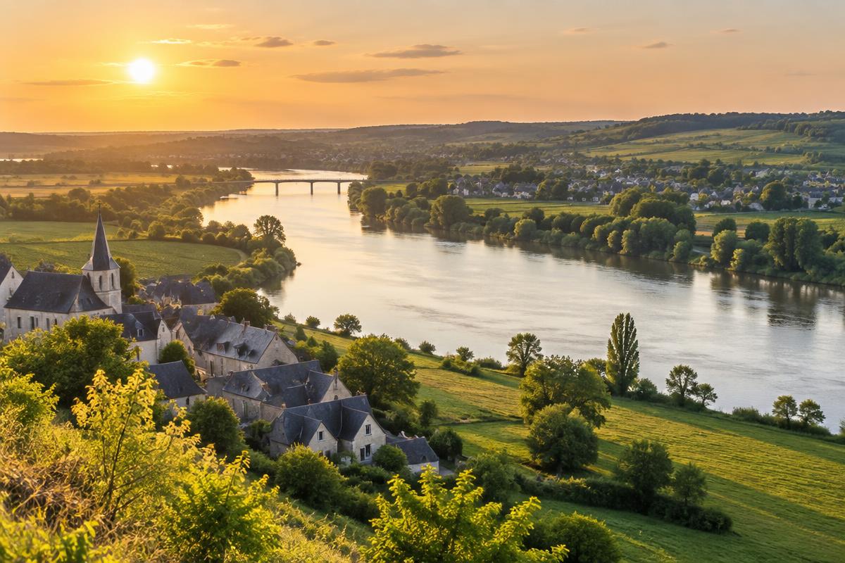 Fleuve, prairies et village aux toits d'ardoise en Pays de la Loire