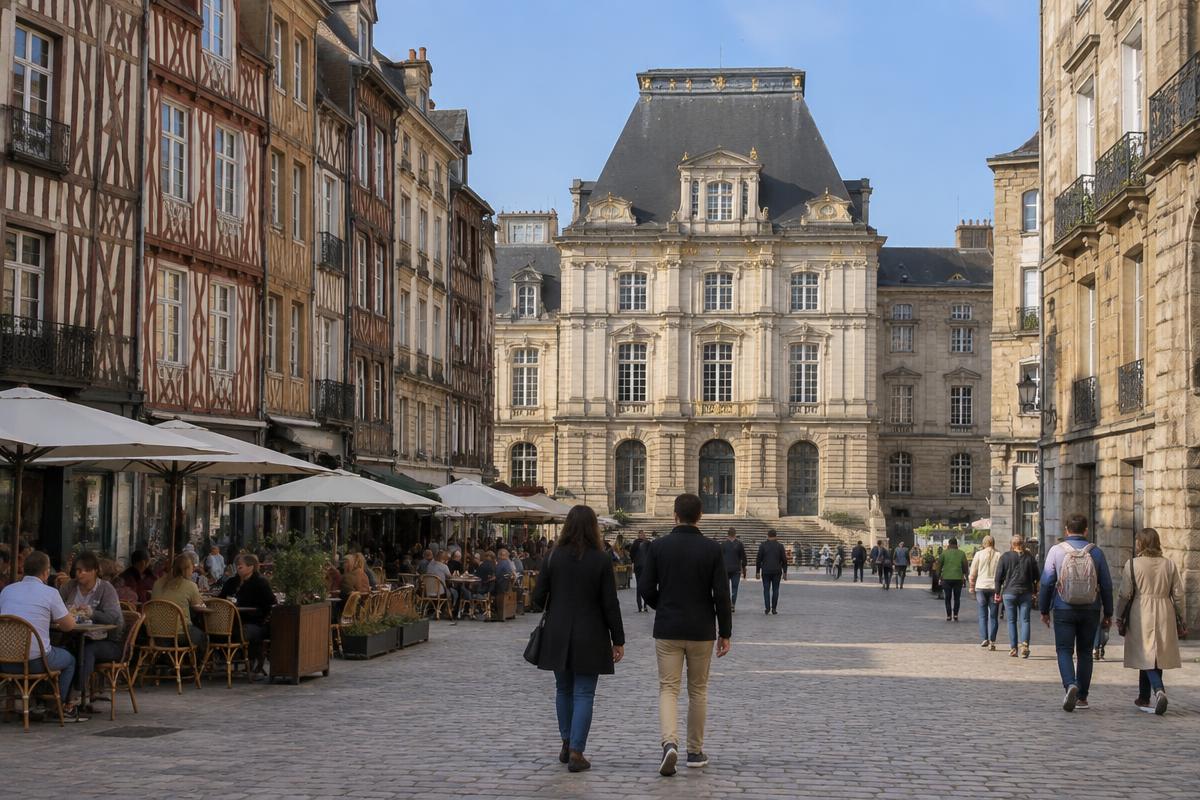 Place du Parlement à Rennes avec maisons à pans de bois et terrasses