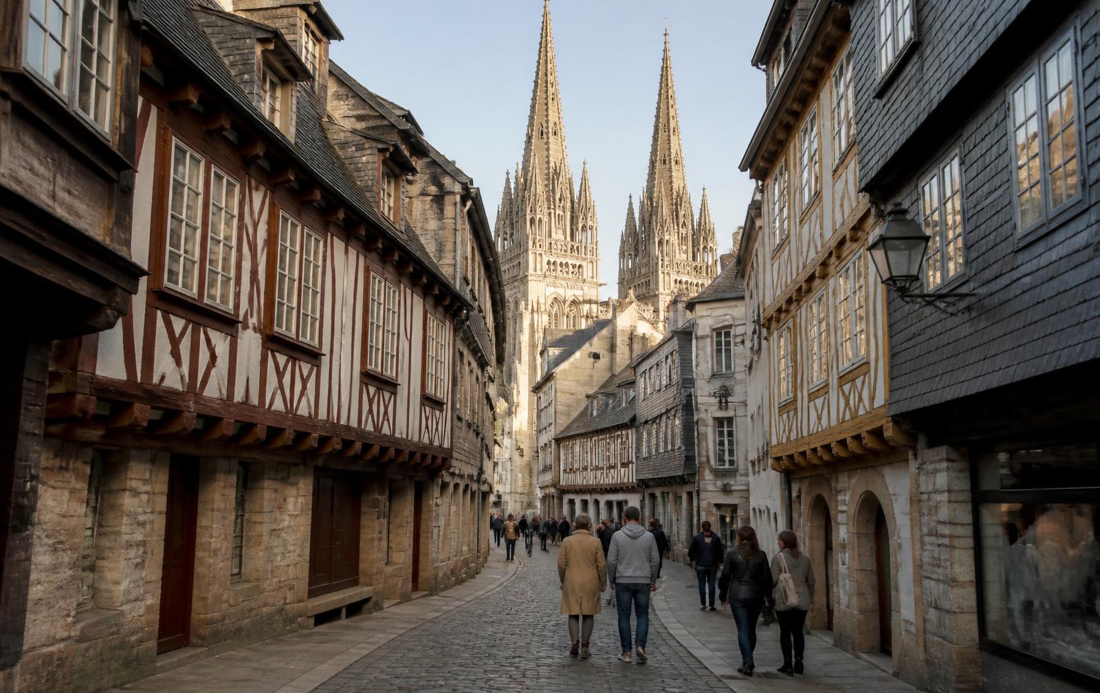 Illustration de Quimper vue du Mont Frugy : toits d'ardoise, flèches de la cathédrale Saint-Corentin et vallée de l'Odet