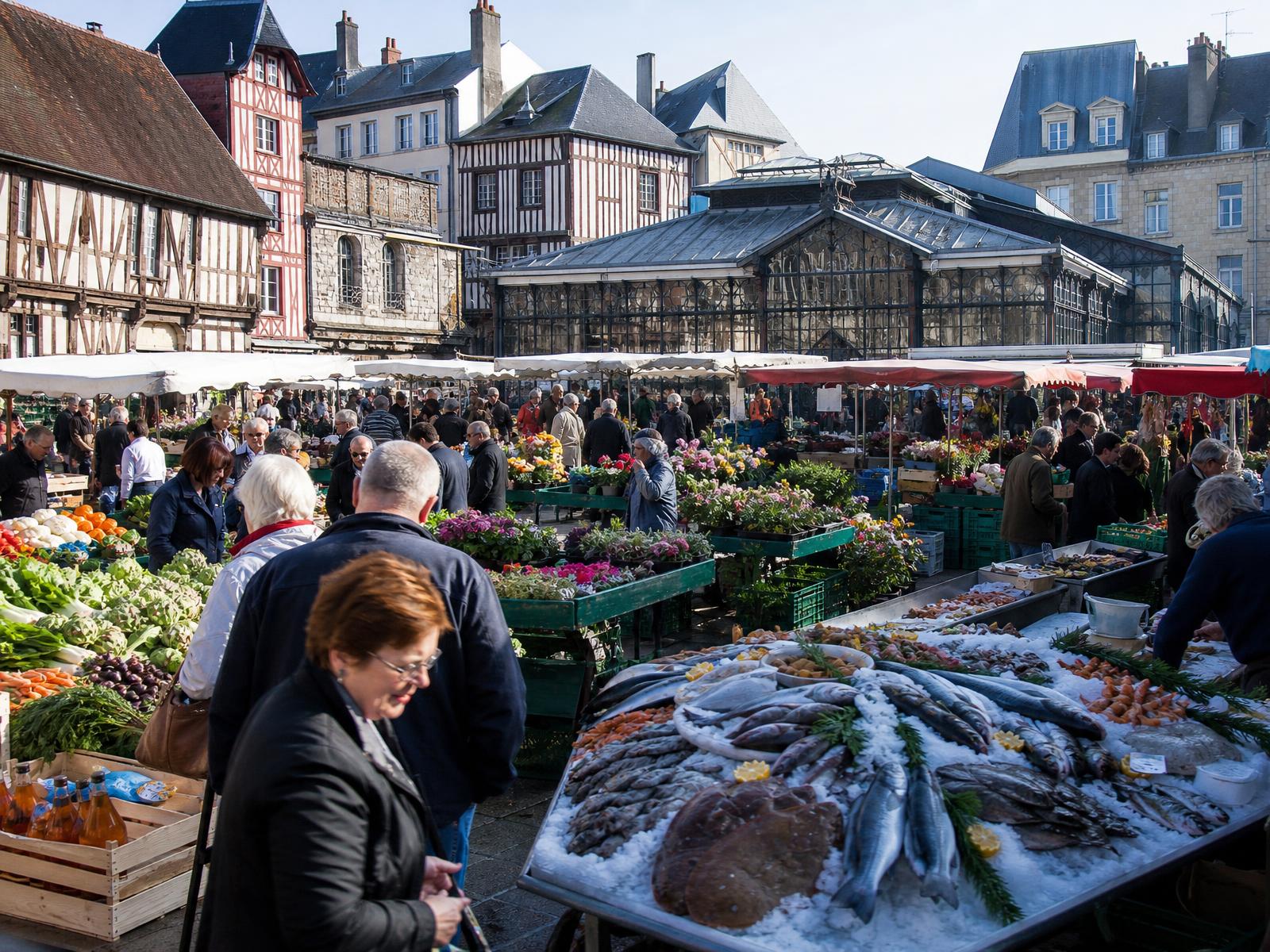 Illustration d'un grand marché alimentaire breton sous les halles, étals de légumes et de galettes