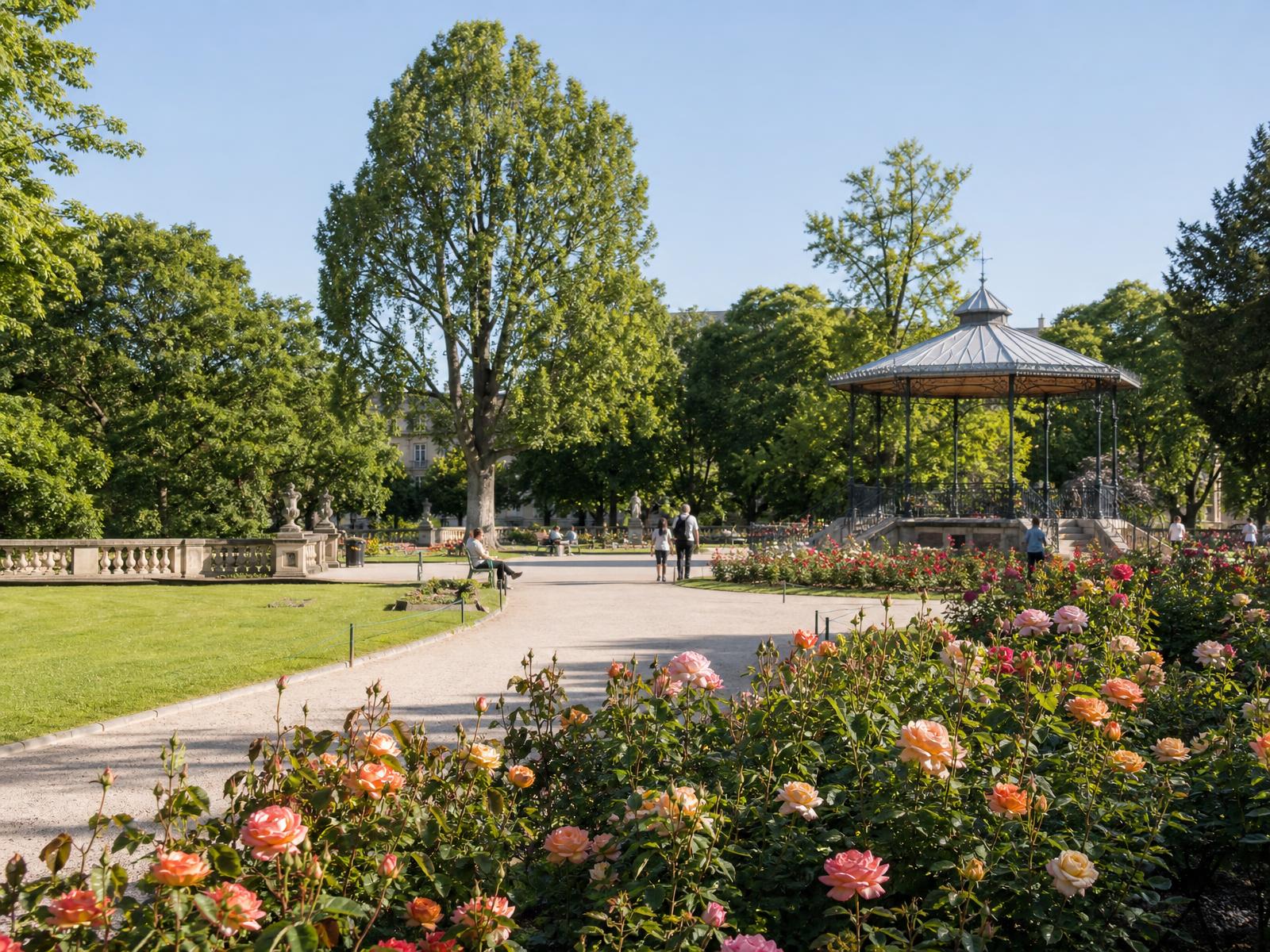 Illustration d'un grand parc urbain à la française avec roseraie, kiosque et allées d'arbres centenaires