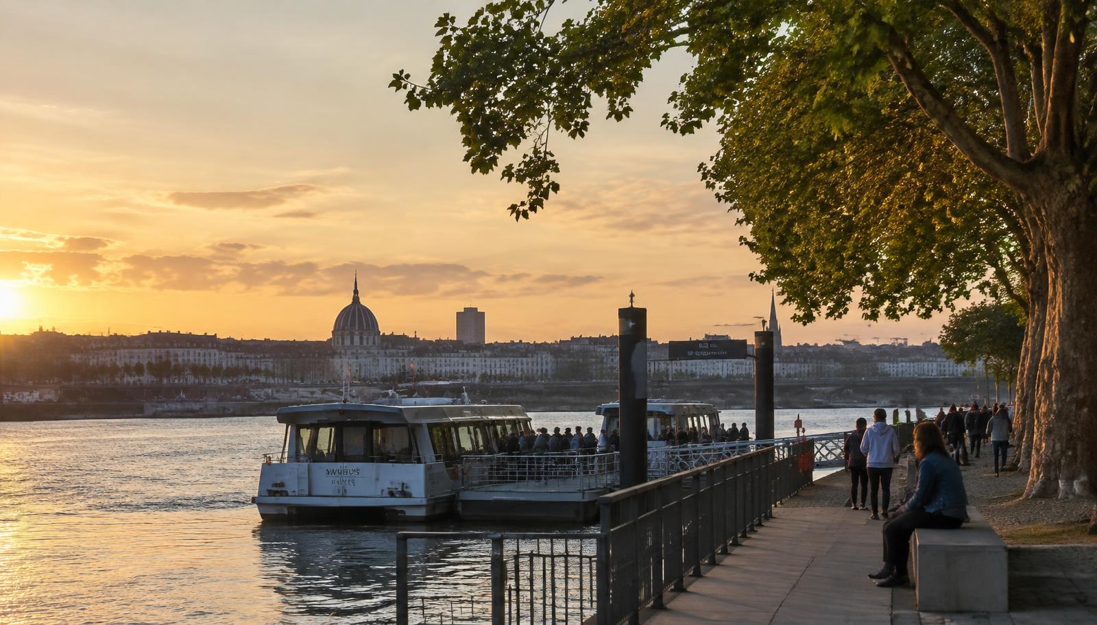 Quai de Loire à Rezé au coucher du soleil : navette fluviale, promeneurs et panorama de Nantes au loin